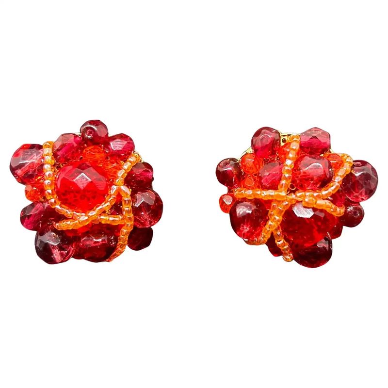 21st Century Coppola e Toppo Red and Orange Beaded Clip-On Earrings