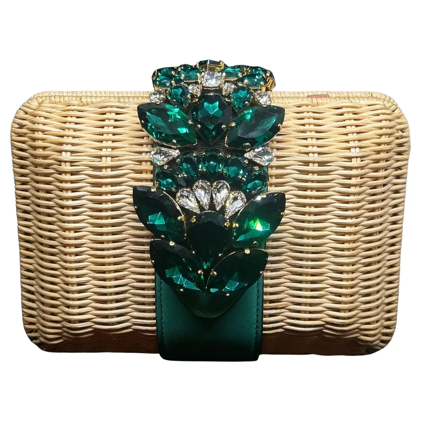 An Amazing Woven Rattan Clutch Bag with Green Crystal Made by Gedebe An Amazing Woven Rattan Clutch Bag with Green Crystal Made by Gedebe