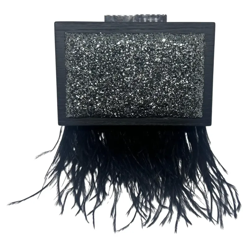 An Elegant Black Wooden Clutch Bag with Feathers and Glitter Made by Laurafed