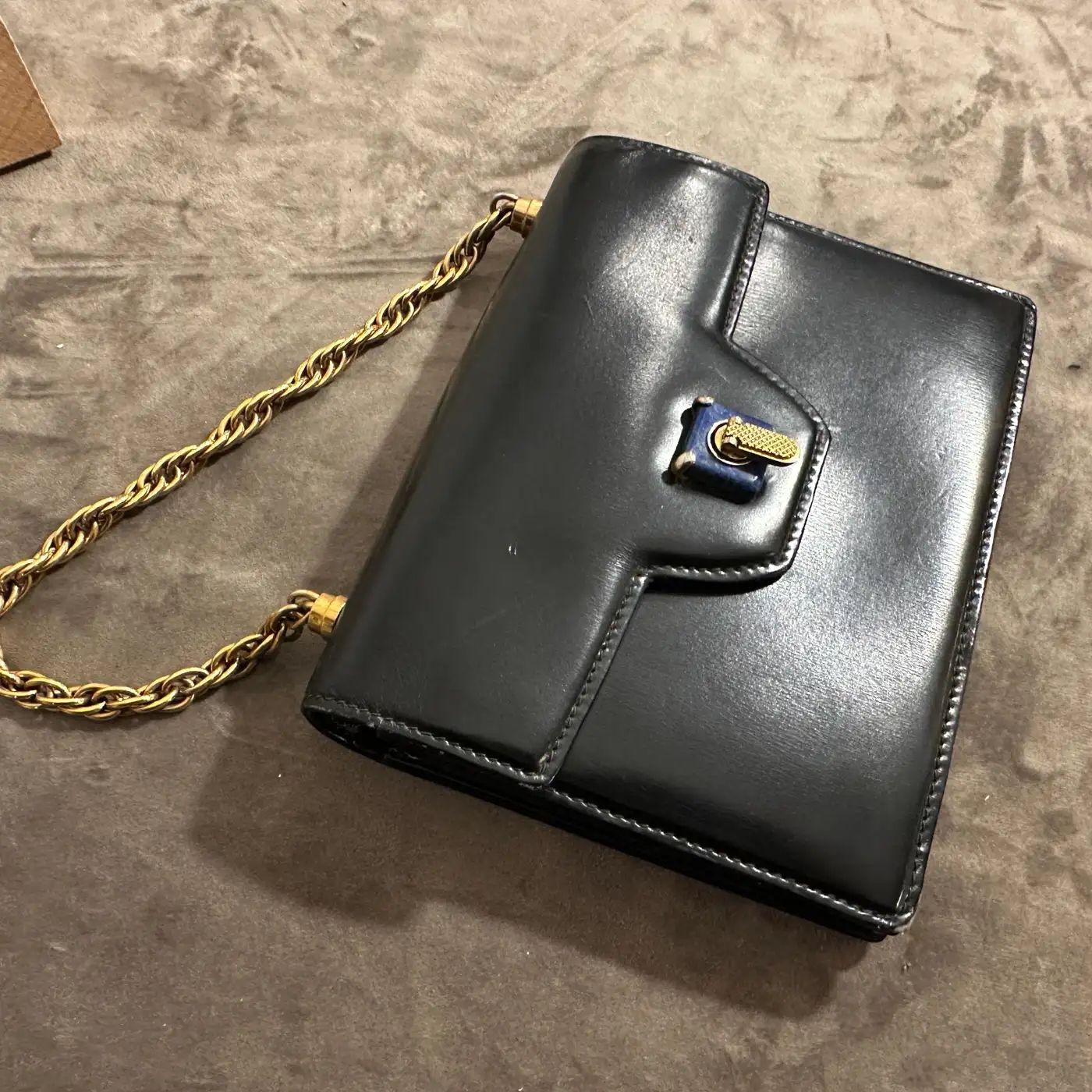 An Amazing 1980s Blue Leather and Lapis Lazuli Clasp Evening Bag by Gucci