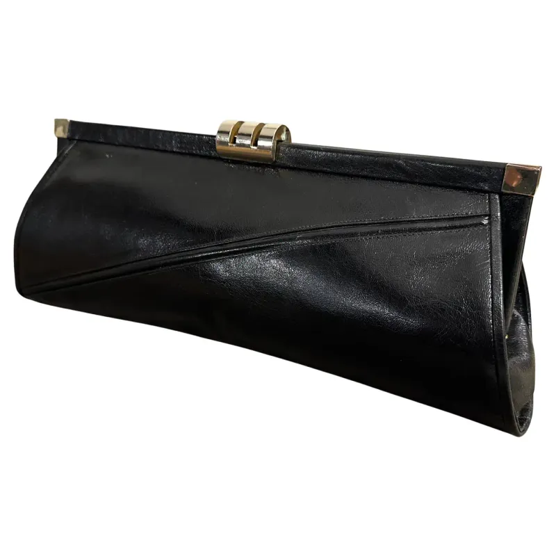 An Elegant 1960s Black leather and Brass Clasp Italian Clutch Bag