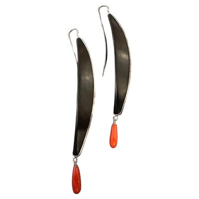 21st Century Modern Sterling Silver Ebony and Mediterranean Coral Stud Earrings
