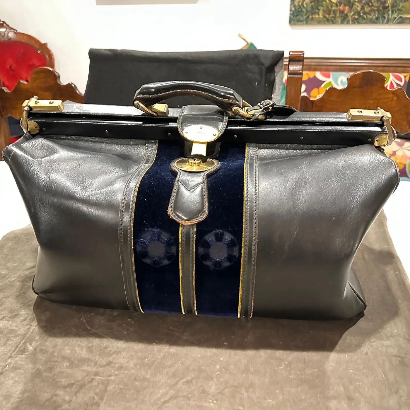 An High Quality 1970s Leather Velvet and Brass Duffel bag by Roberta di Camerino An High Quality 1970s Leather Velvet and Brass Duffel bag by Roberta di Camerino