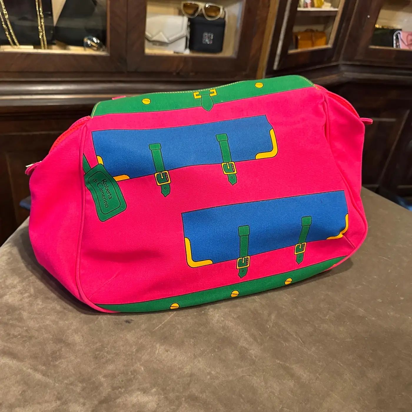 A 1990s Vibrant Pink and Green Fabric Top Handle Bag By Roberta di Camerino