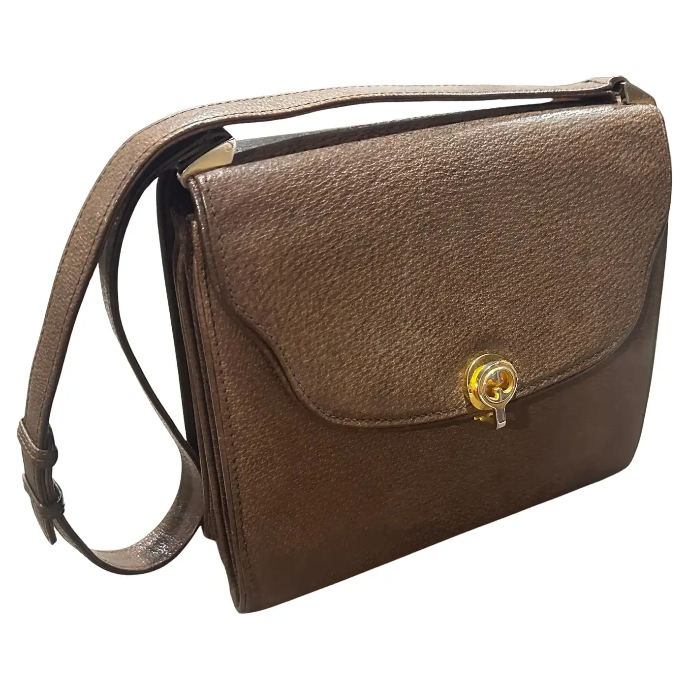 An Elegant 1970s Brown Leather and Brass Hardware Shoulder Bag by Gucci An Elegant 1970s Brown Leather and Brass Hardware Shoulder Bag by Gucci