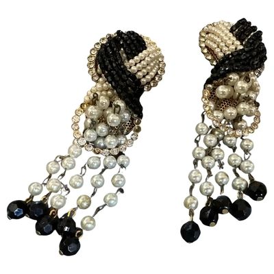 1980s Costume Jewelry Black Bead and Cream Pearls Italian Clip-on Earrings