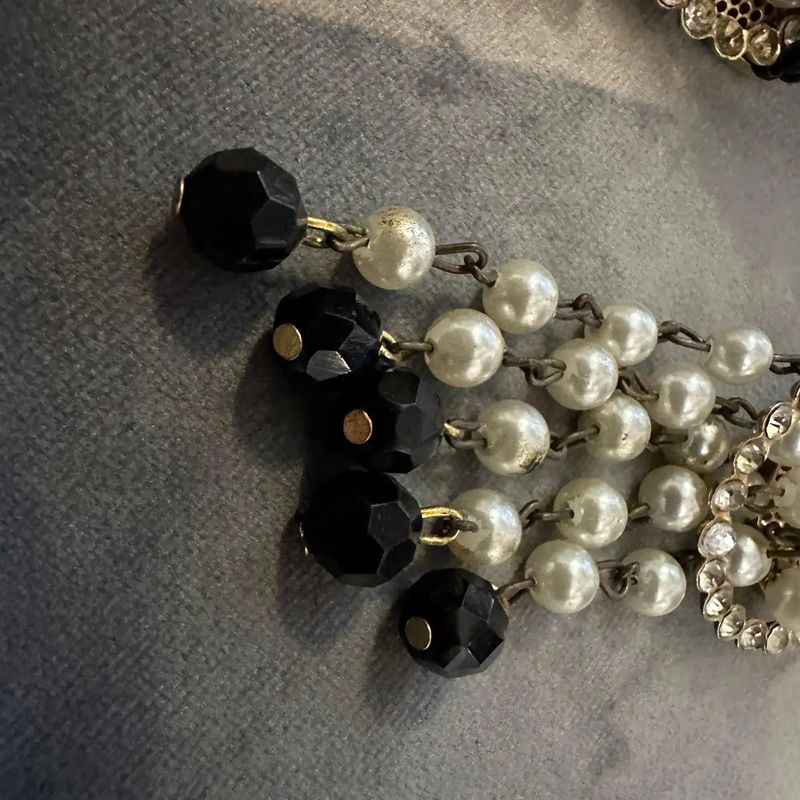 1980s Costume Jewelry Black Bead and Cream Pearls Italian Clip-on Earrings
