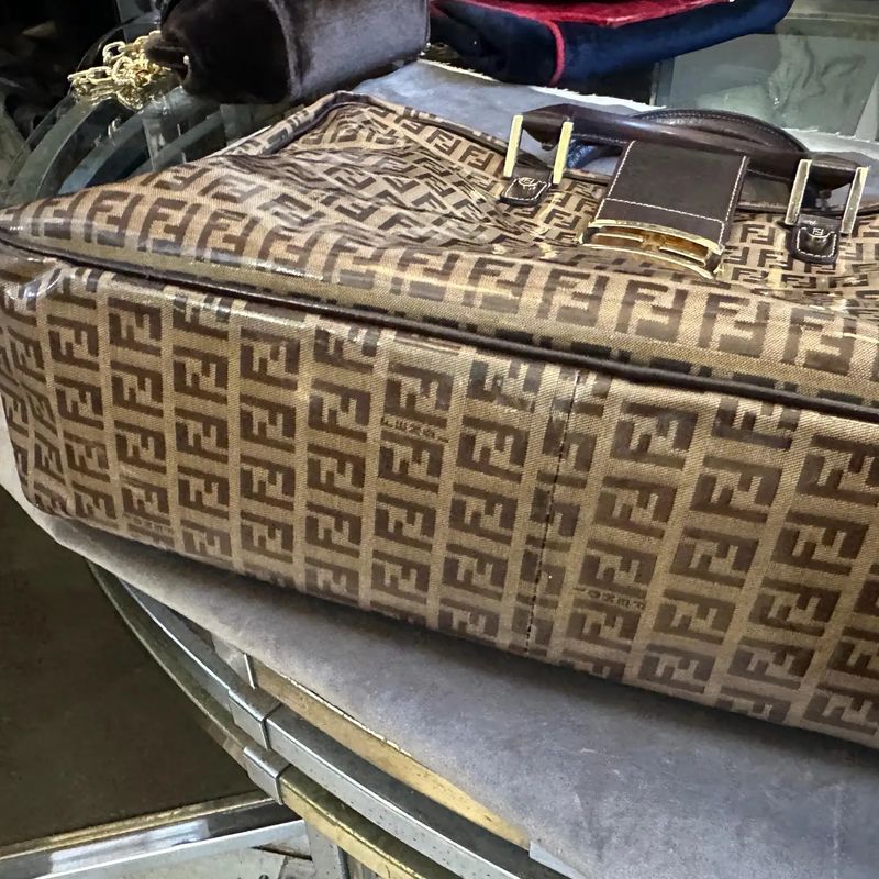 1980s Iconic Plastic and Leather Continuous Logo Large Top Handle Bag by Fendi