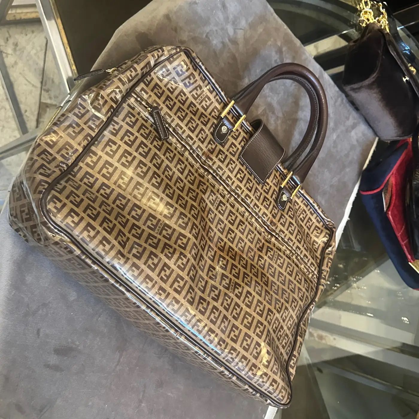 1980s Iconic Plastic and Leather Continuous Logo Large Top Handle Bag by Fendi 1980s Iconic Plastic and Leather Continuous Logo Large Top Handle Bag by Fendi