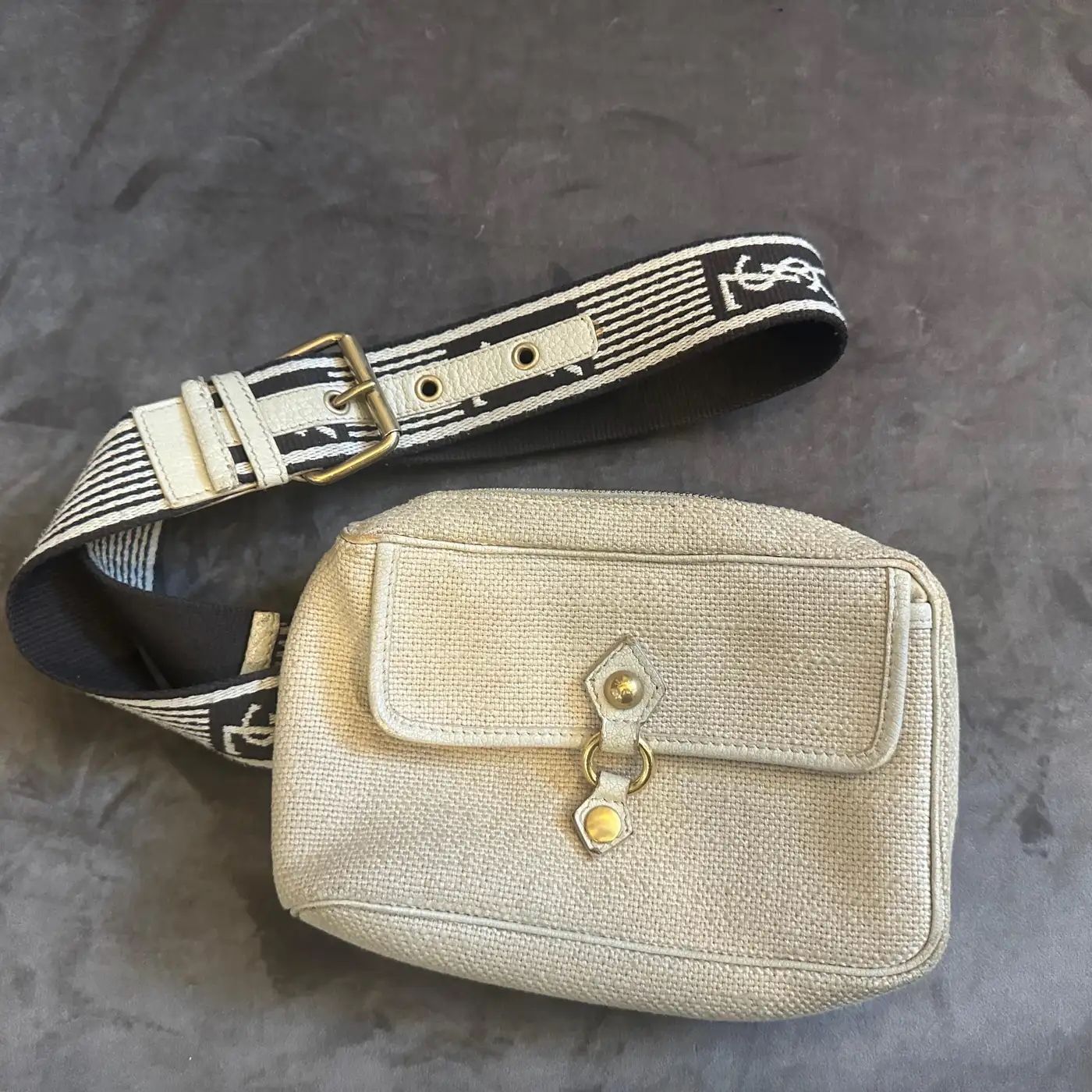 1990s Vintage Fabric and Leather Logo Pouch by Yves Saint Laurent 1990s Vintage Fabric and Leather Logo Pouch by Yves Saint Laurent