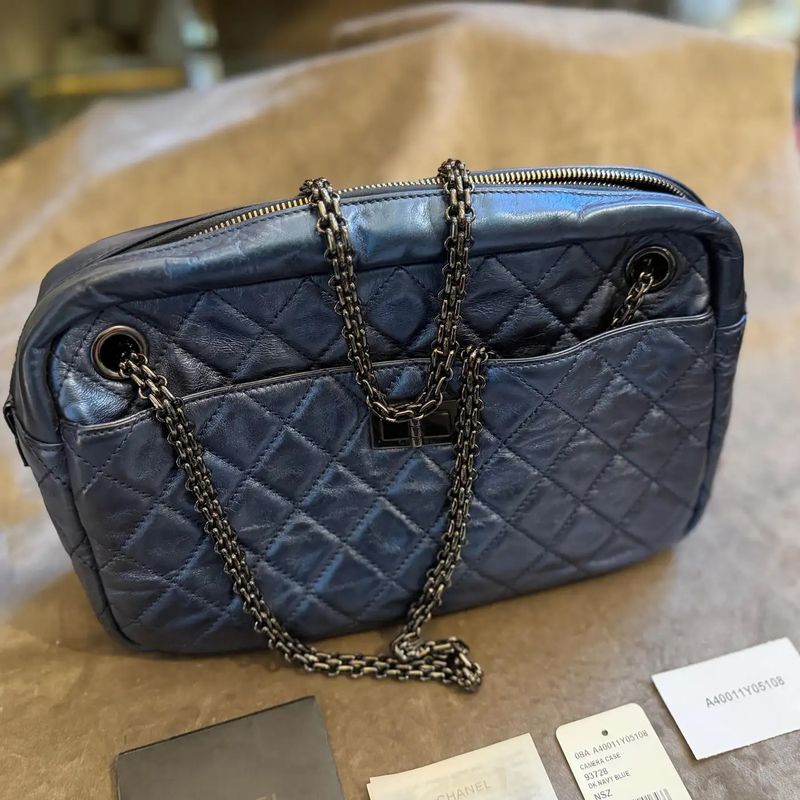Chanel 2.55 Reissue Blue Metallic Leather and Black Chain Shoulder Bag