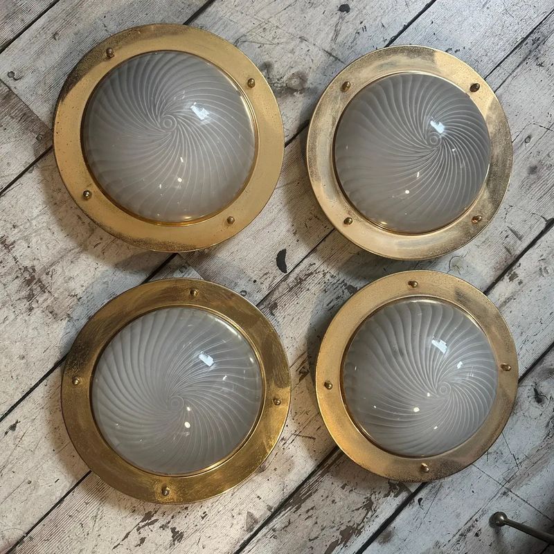 1970s Mid-century Modern Gilded Metal and Murano Glass Ceiling or Wall Light