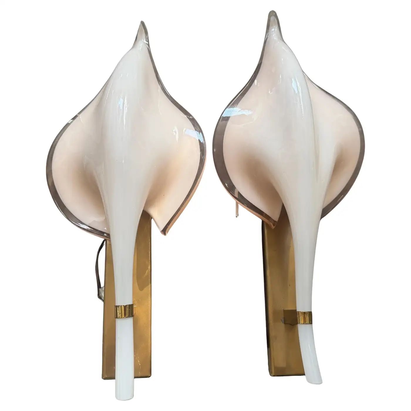 Two 1970s Mid-Century Modern Pink Murano Glass Leaf Wall Sconces by Franco Luce