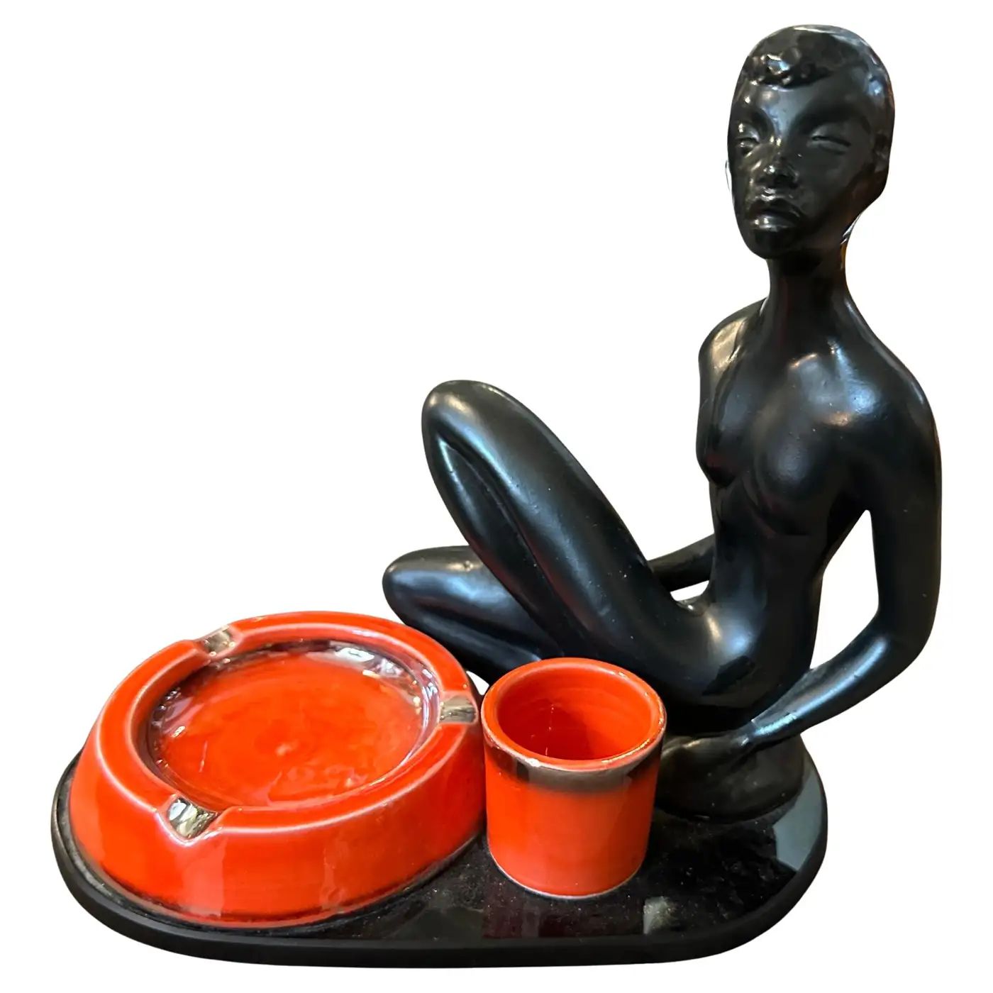 1950s Mid-Century Modern Ceramic and Black Glass Italian Smoking Set