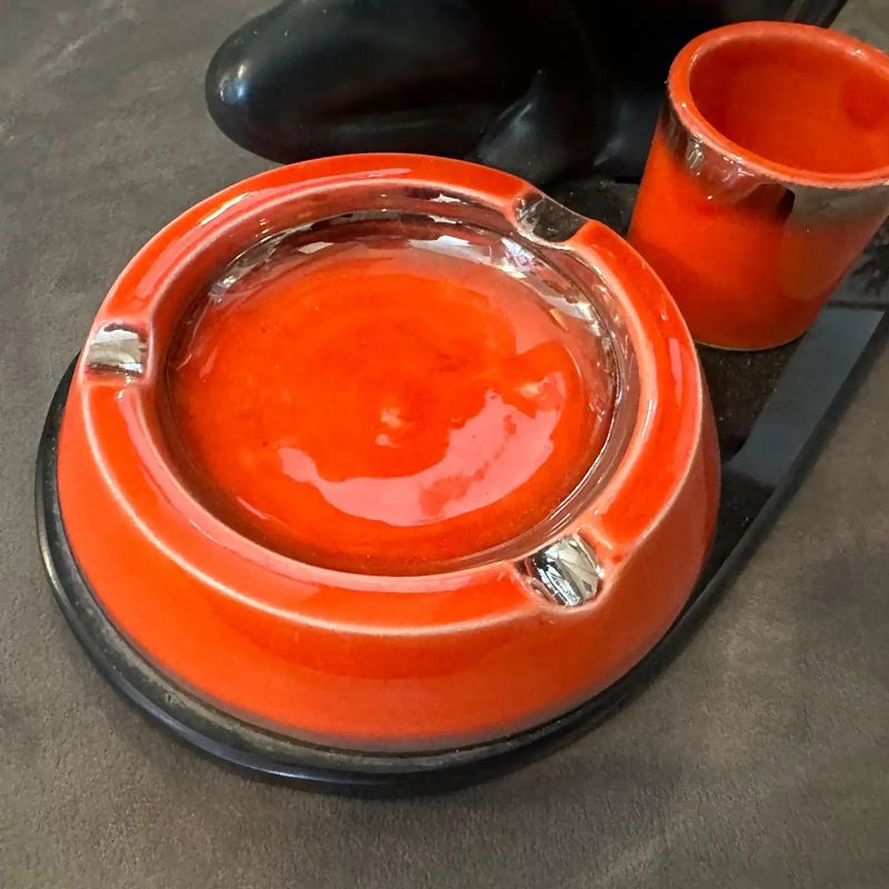 1950s Mid-Century Modern Ceramic and Black Glass Italian Smoking Set