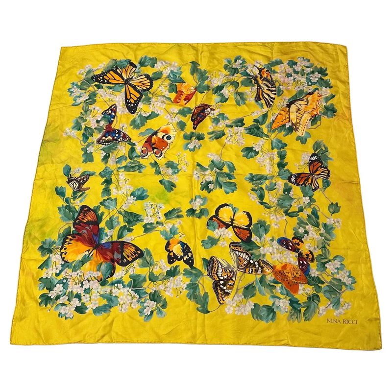 A 1990s Butterflies and Flowers Silk Scarf by Nina Ricci