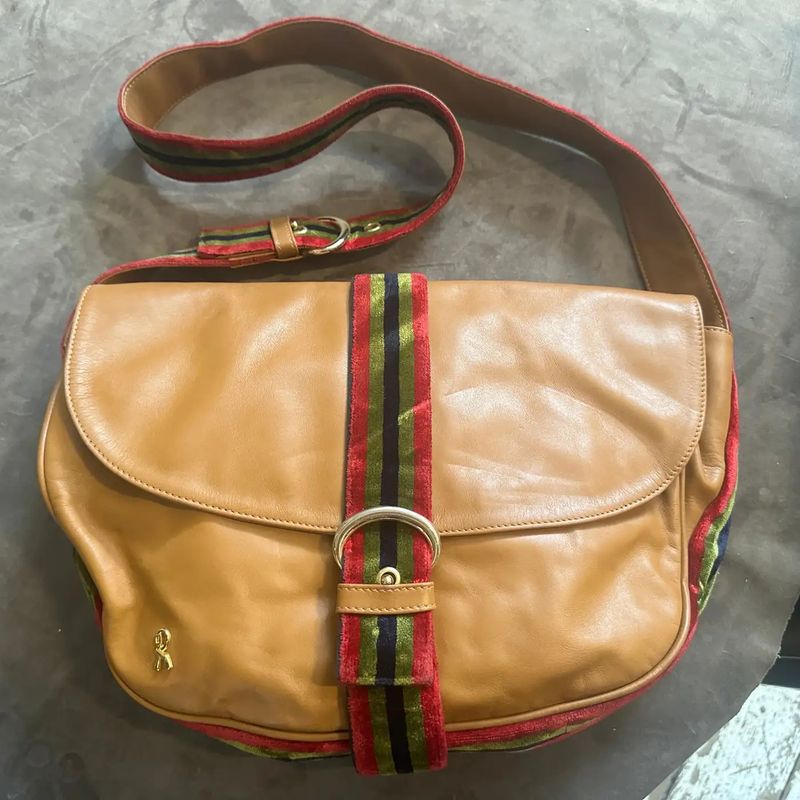 1990s Iconic Brown Leather and Velvet Messanger Bag by Roberta di Camerino