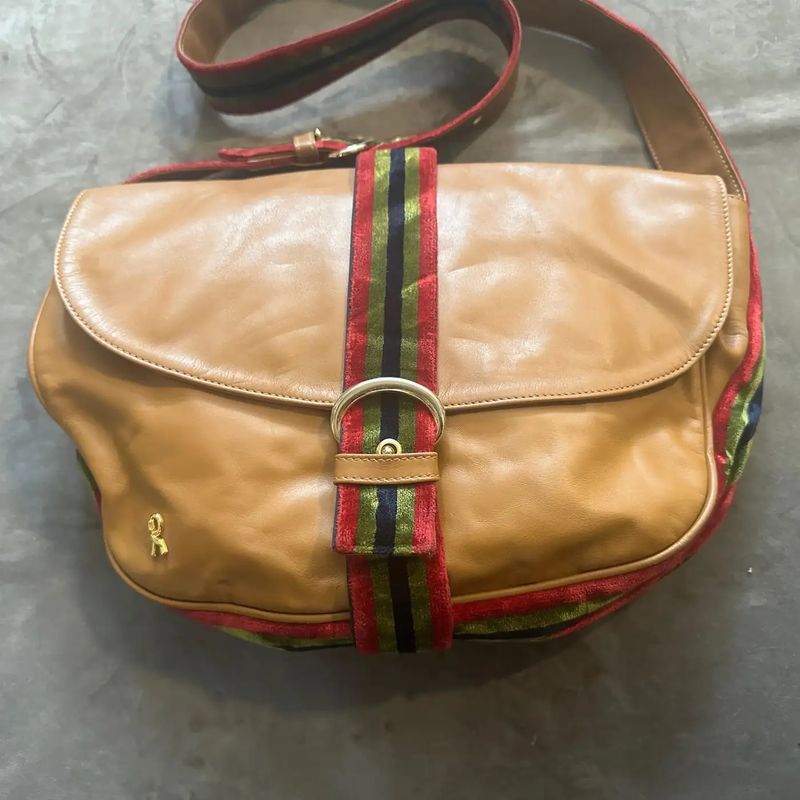 1990s Iconic Brown Leather and Velvet Messanger Bag by Roberta di Camerino