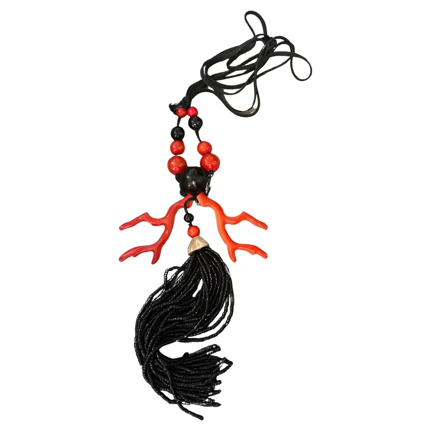 1990s Costume Jewelry Black and Red wood and beads Italian Necklace
