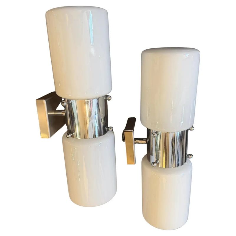 Set of Two 1960s Space Age Steel and Glass Italian Big Wall Sconces By Mazzega