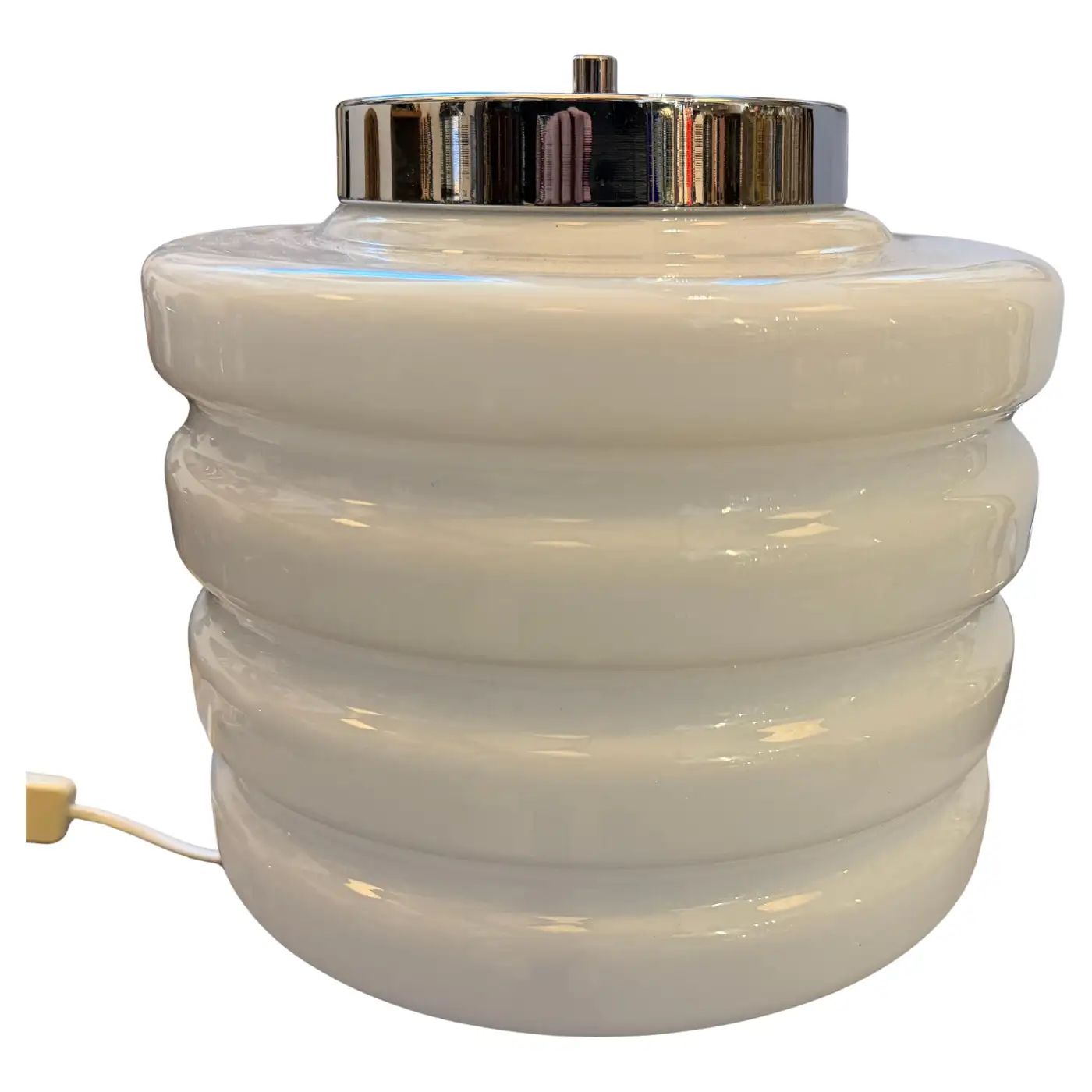 1990s Space Age Chromed Metal and White Glass Italian Round Table Lamp