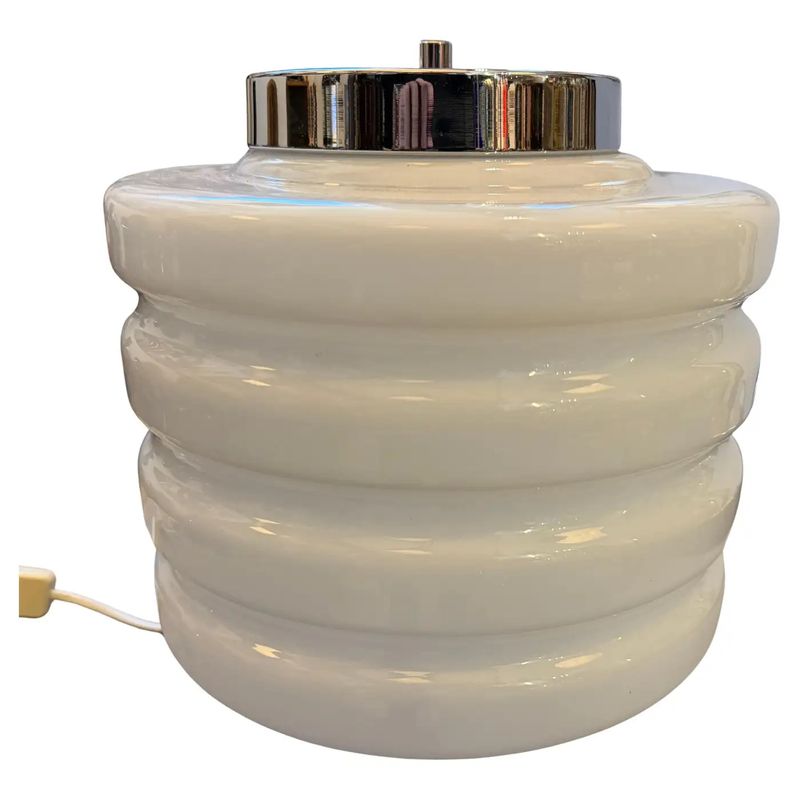 1990s Space Age Chromed Metal and White Glass Italian Round Table Lamp