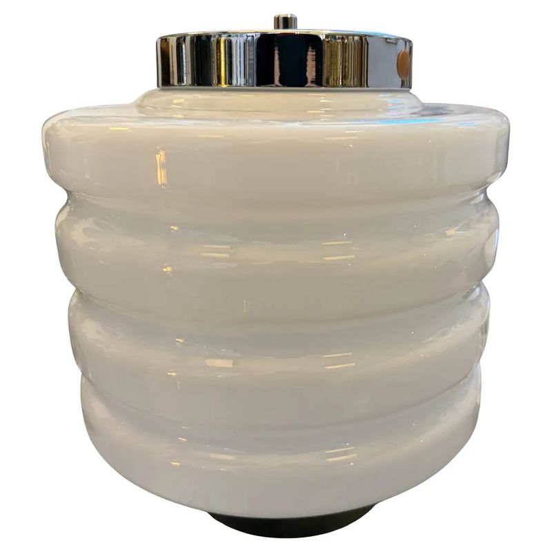 1990s Space Age Chromed Metal and White Glass Italian Round Table Lamp