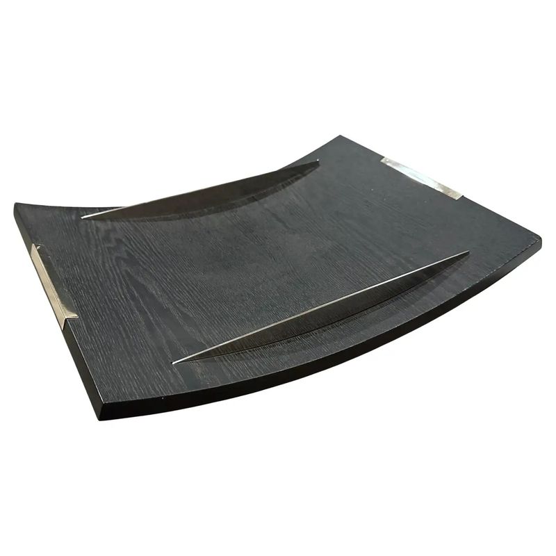 1990s Modern Curved Ebonized Wood and Sterling Silver Serving Tray by Silvan