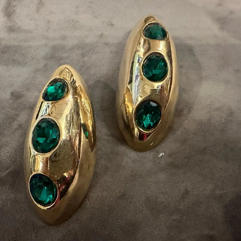 A Pair of 1990S Costume Jewelry Brass and Emerald Crystals Italian Earrings