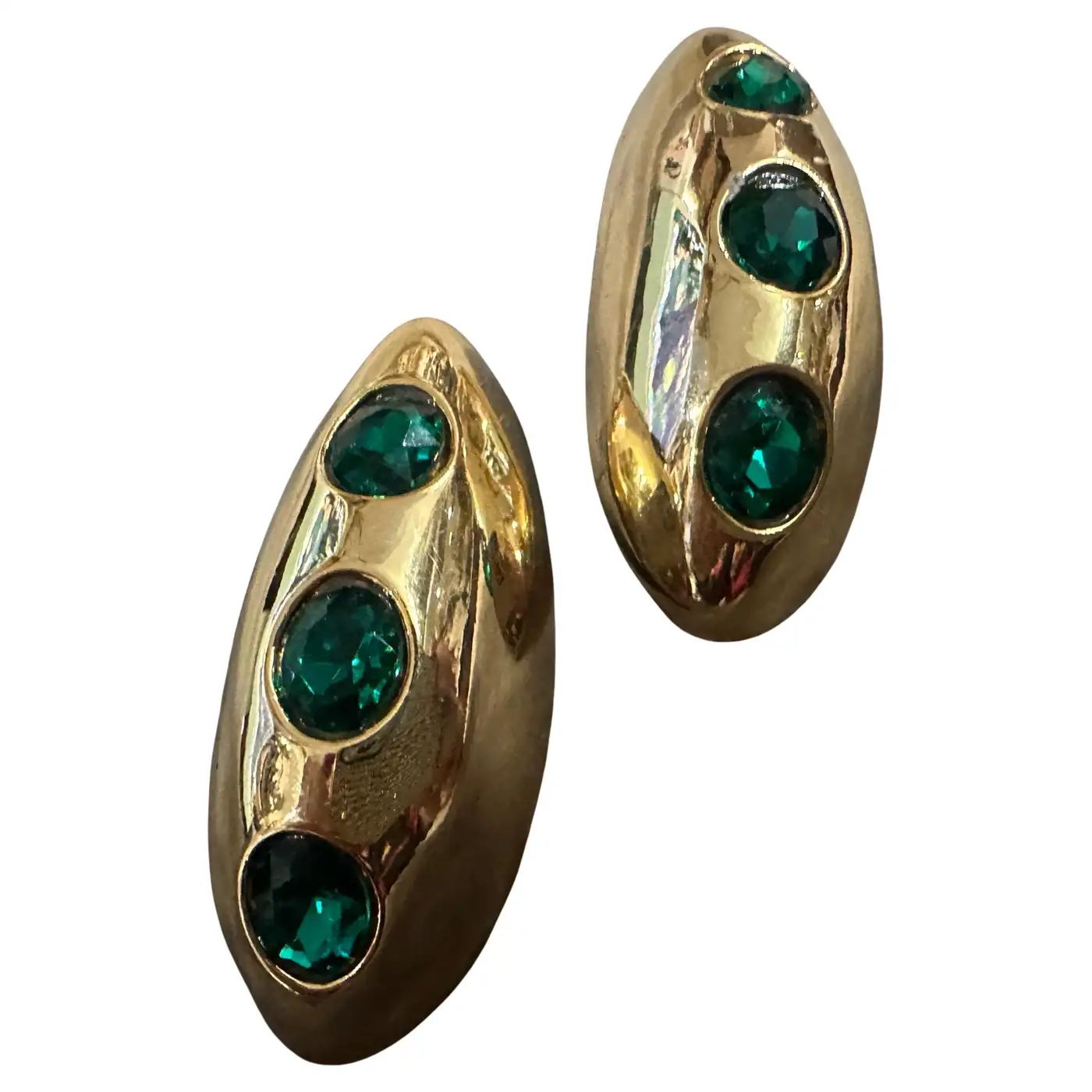 A Pair of 1990S Costume Jewelry Brass and Emerald Crystals Italian Earrings A Pair of 1990S Costume Jewelry Brass and Emerald Crystals Italian Earrings