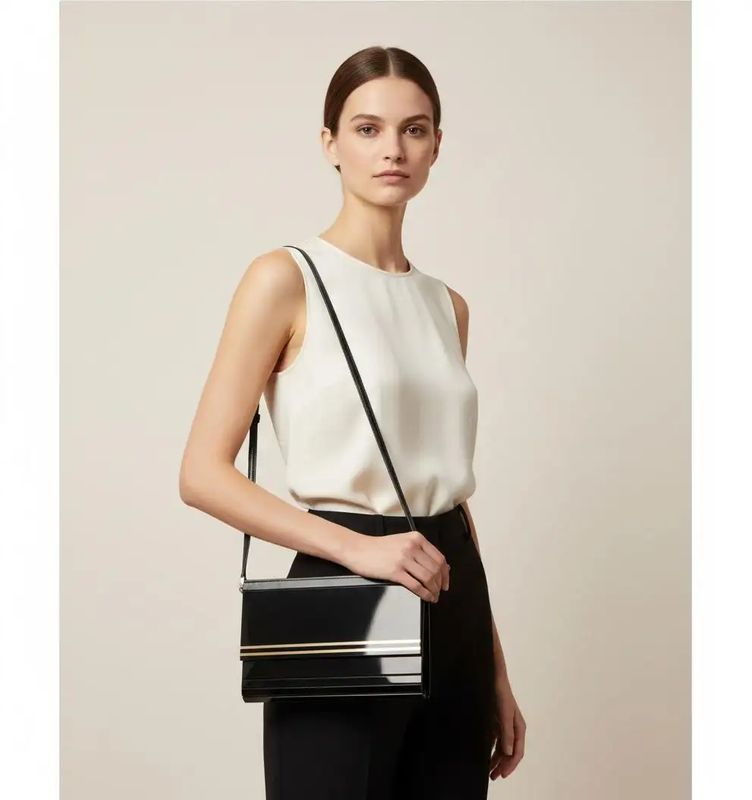 1970s Black Rodoide, Brass and Leather Italian Evening Bag
