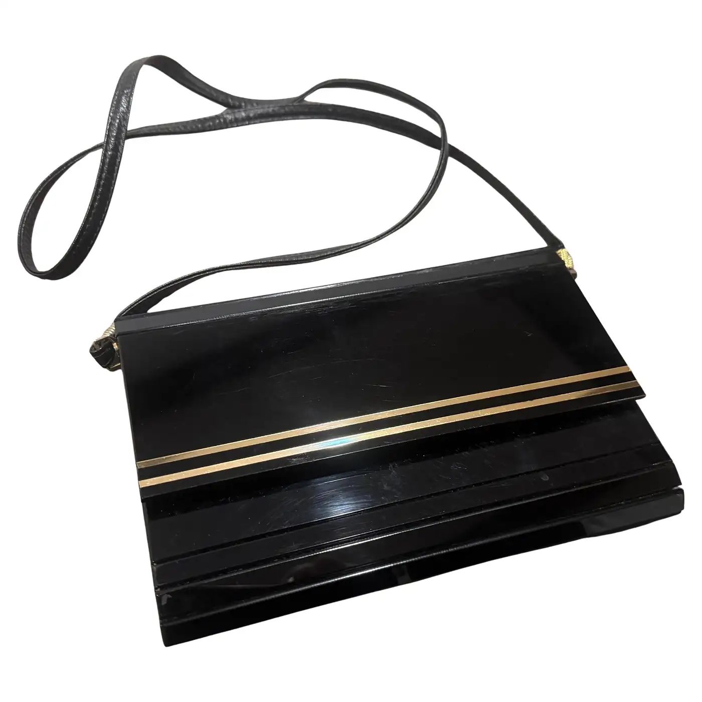 1970s Black Rodoide, Brass and Leather Italian Evening Bag