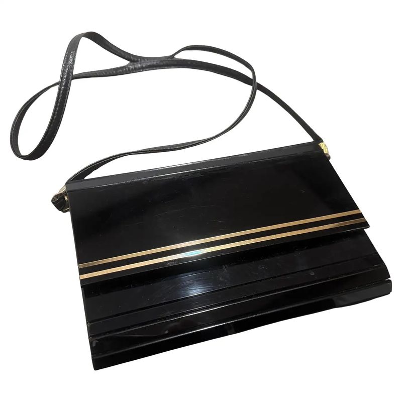 1970s Black Rodoide, Brass and Leather Italian Evening Bag