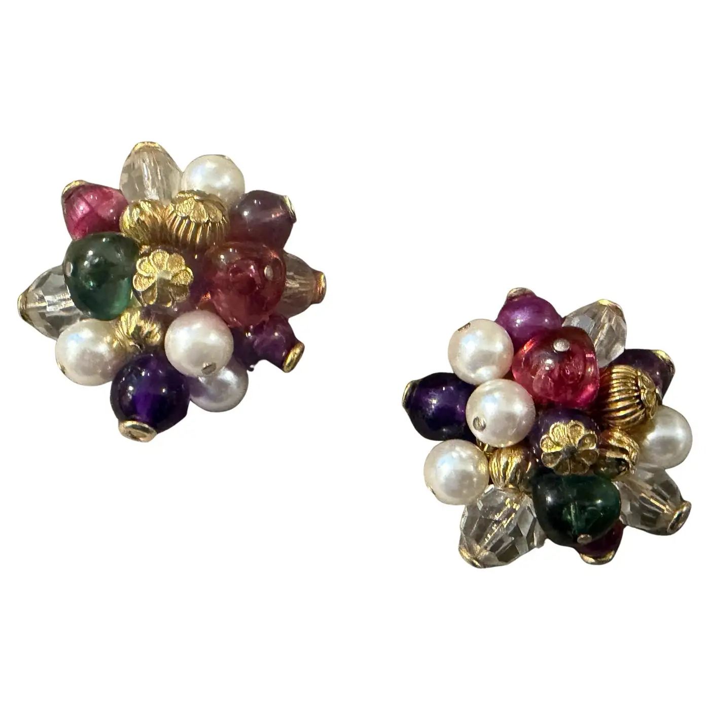 1980s Costume Jewelry Glass, Beads and Faux Pearls Italian Clip-on Earrings