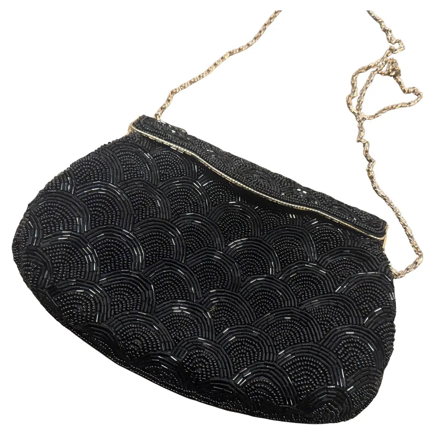 1940s High Quality Black Beads and Brass French Evening Bag