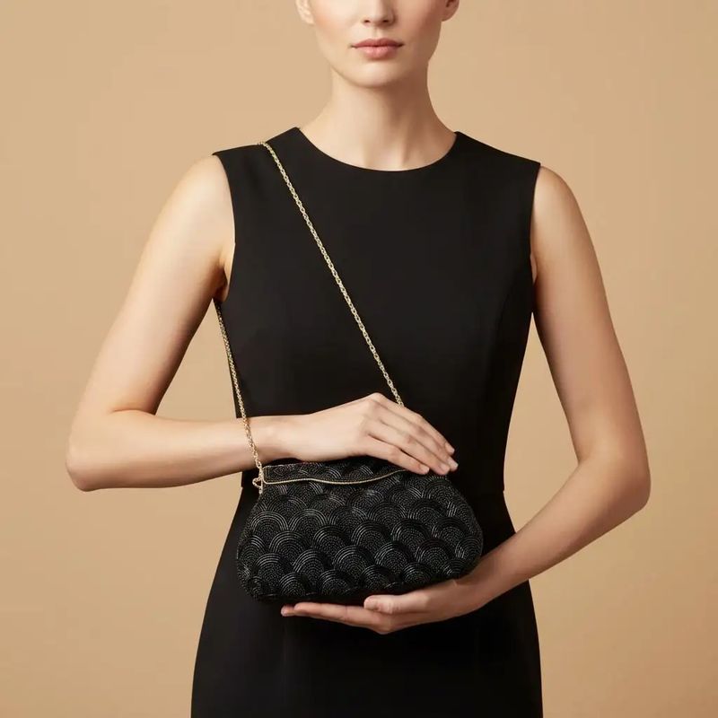 1940s High Quality Black Beads and Brass French Evening Bag