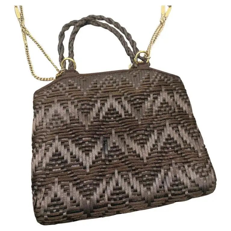 1960s Luxury Brown Woven Cotton and Brass Italian Evening Bag