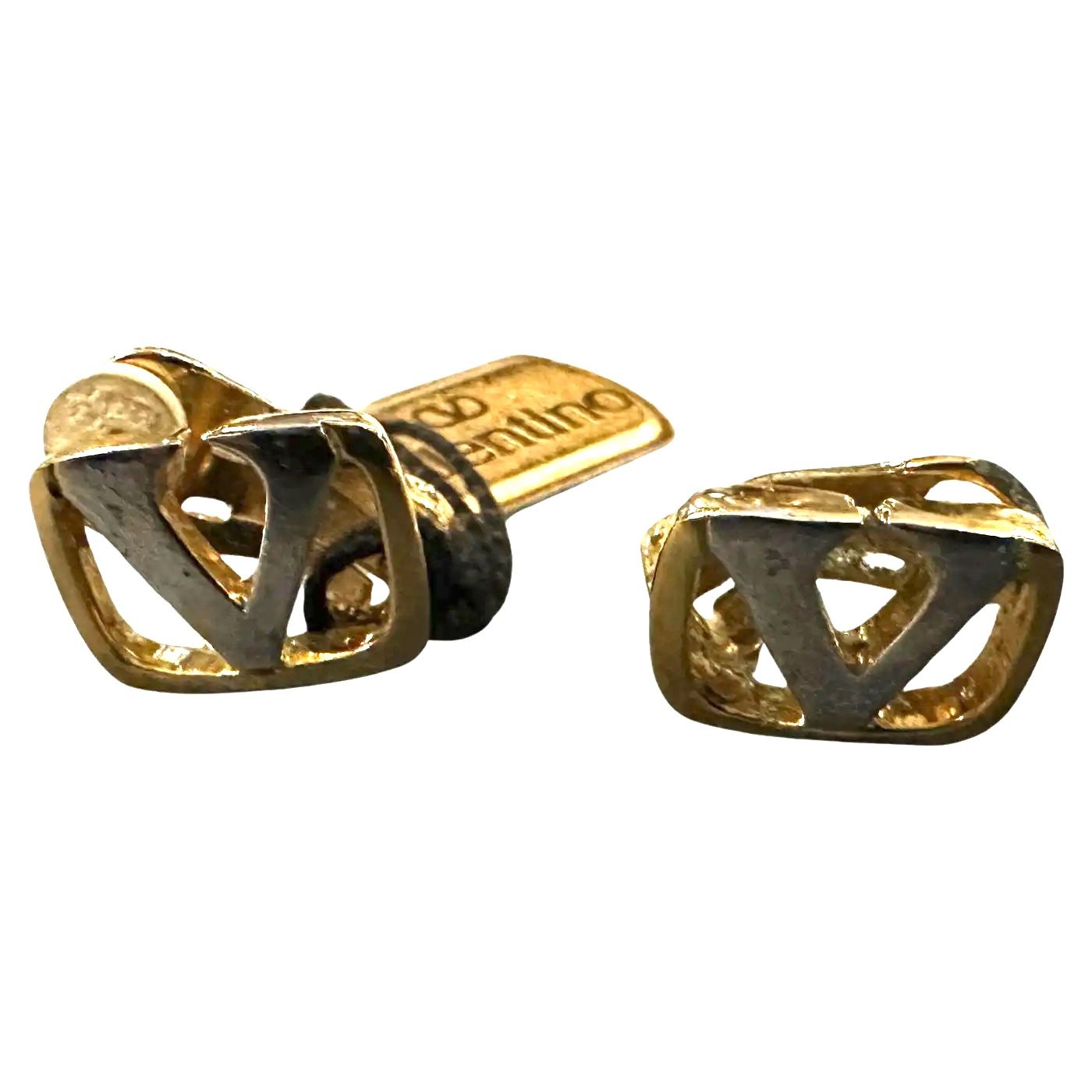 1980s Logo Gilted Metal Clip On Earrings by Valentino Garavani 1980s Logo Gilted Metal Clip On Earrings by Valentino Garavani