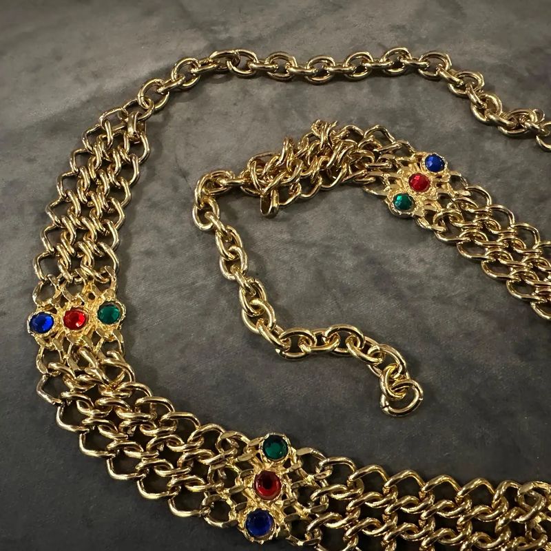 1980s High Quality Brass and Red, Blue and Green Crystals Italian Belt