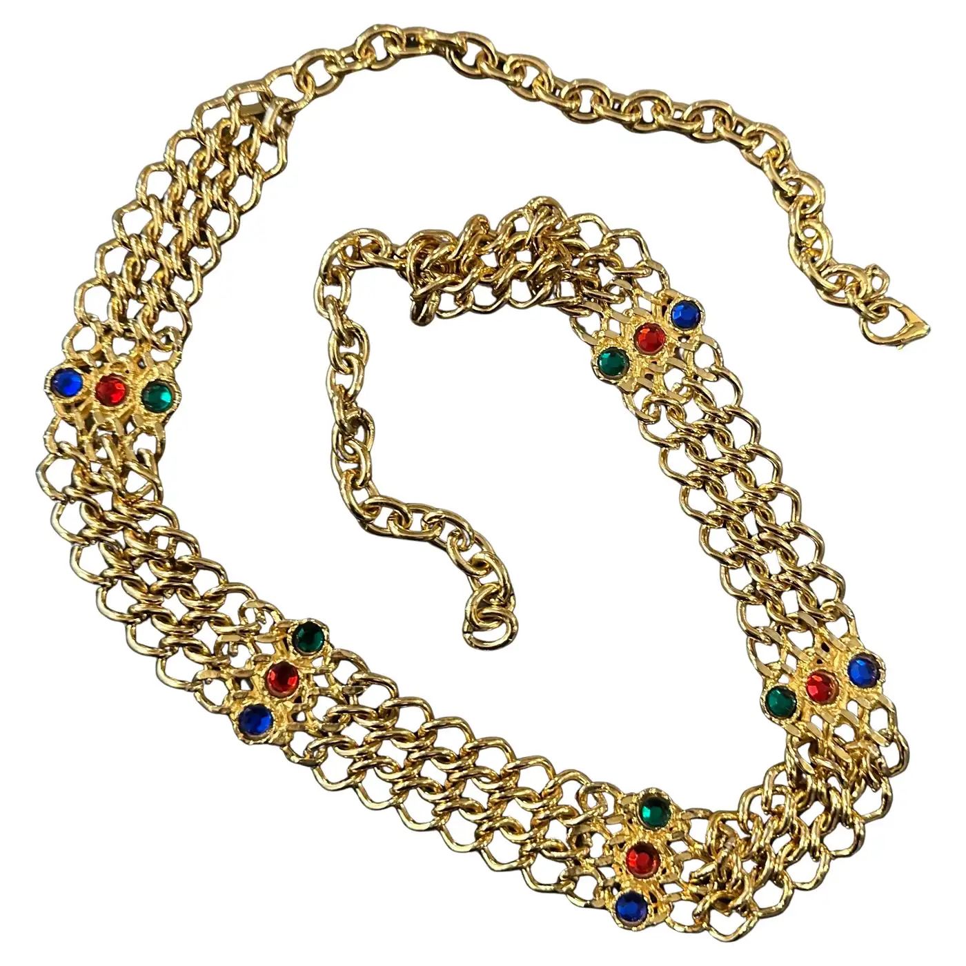 1980s High Quality Brass and Red, Blue and Green Crystals Italian Belt