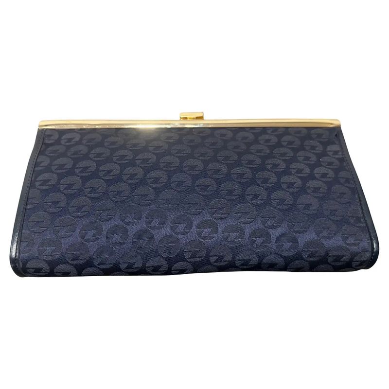 1980s Blue Fabric and Brass Italian Continuous Logo Clutch by Zenith