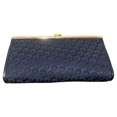1980s Blue Fabric and Brass Italian Continuous Logo Clutch by Zenith