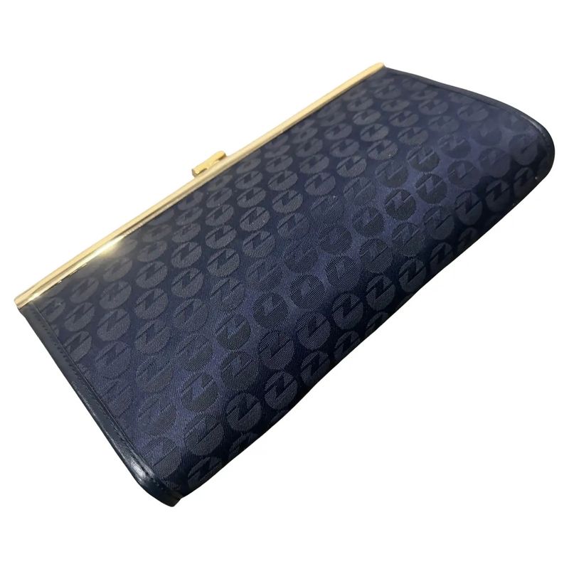 1980s Blue Fabric and Brass Italian Continuous Logo Clutch by Zenith