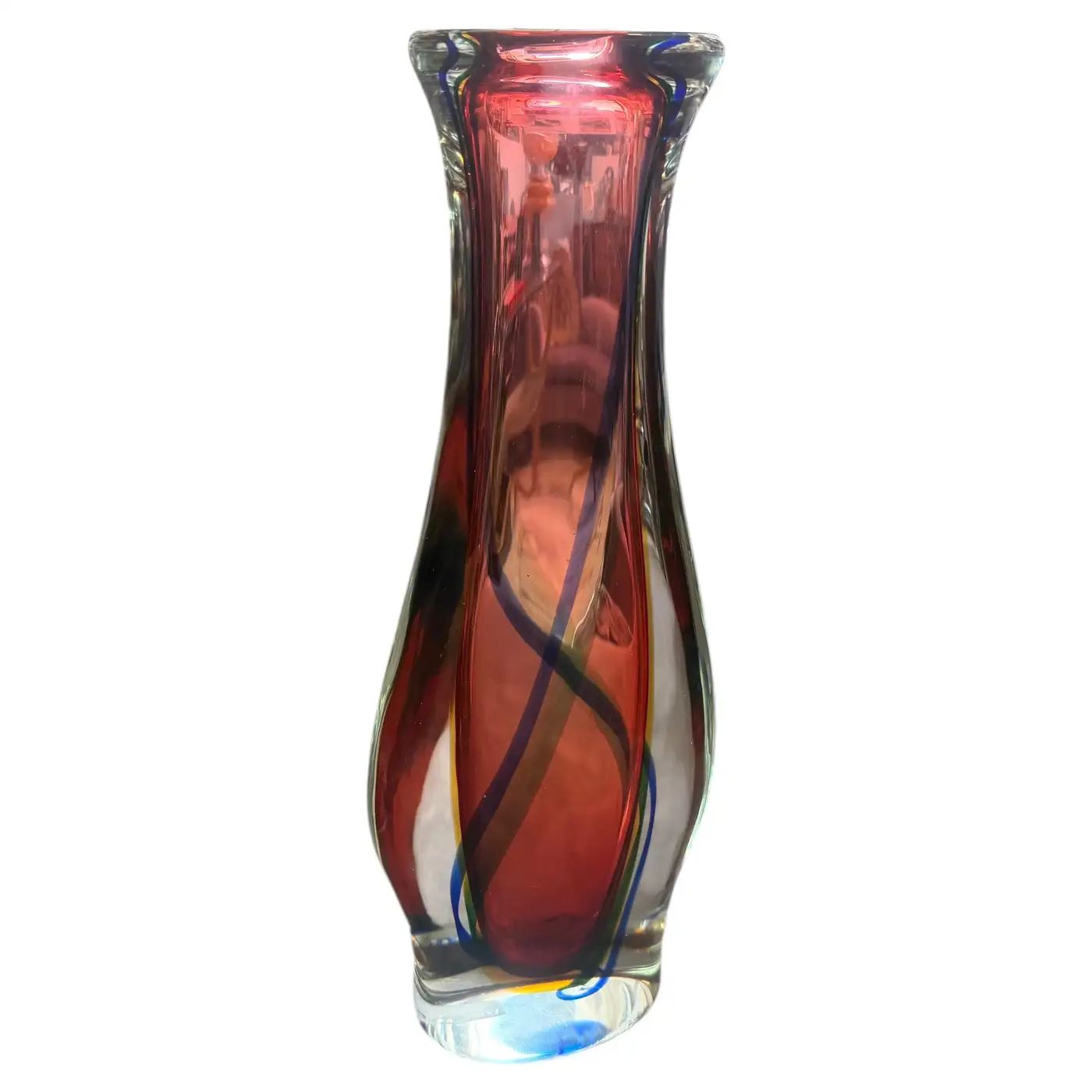 1980s Flavio Poli Modern Pink Blue and Yellow Sommerso Murano Glass Tall Vase