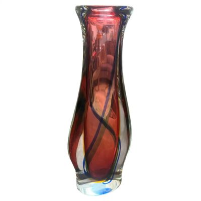 1980s Flavio Poli Modern Pink Blue and Yellow Sommerso Murano Glass Tall Vase