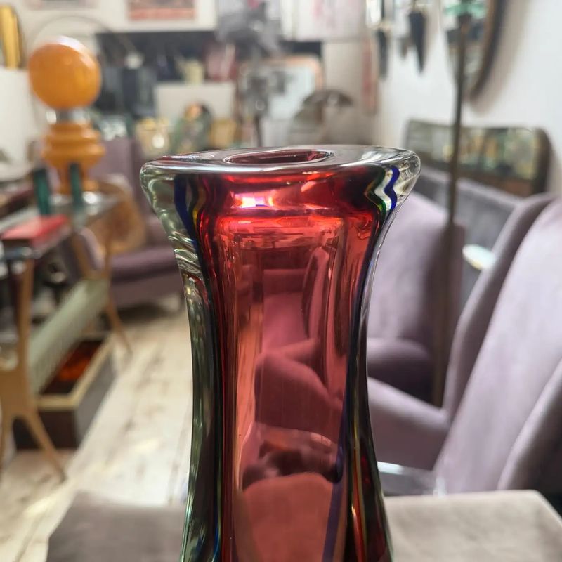 1980s Flavio Poli Modern Pink Blue and Yellow Sommerso Murano Glass Tall Vase