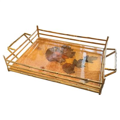 1970s Mid-Century Modern Bamboo effect Brass and Lacquered Wood Italian Tray