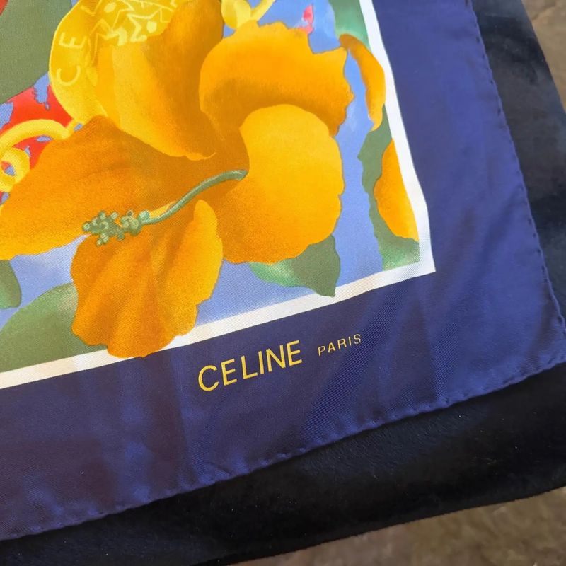 Celine 1990s Vintage Tropical Motif Silk Scarf for Women, Italy Made