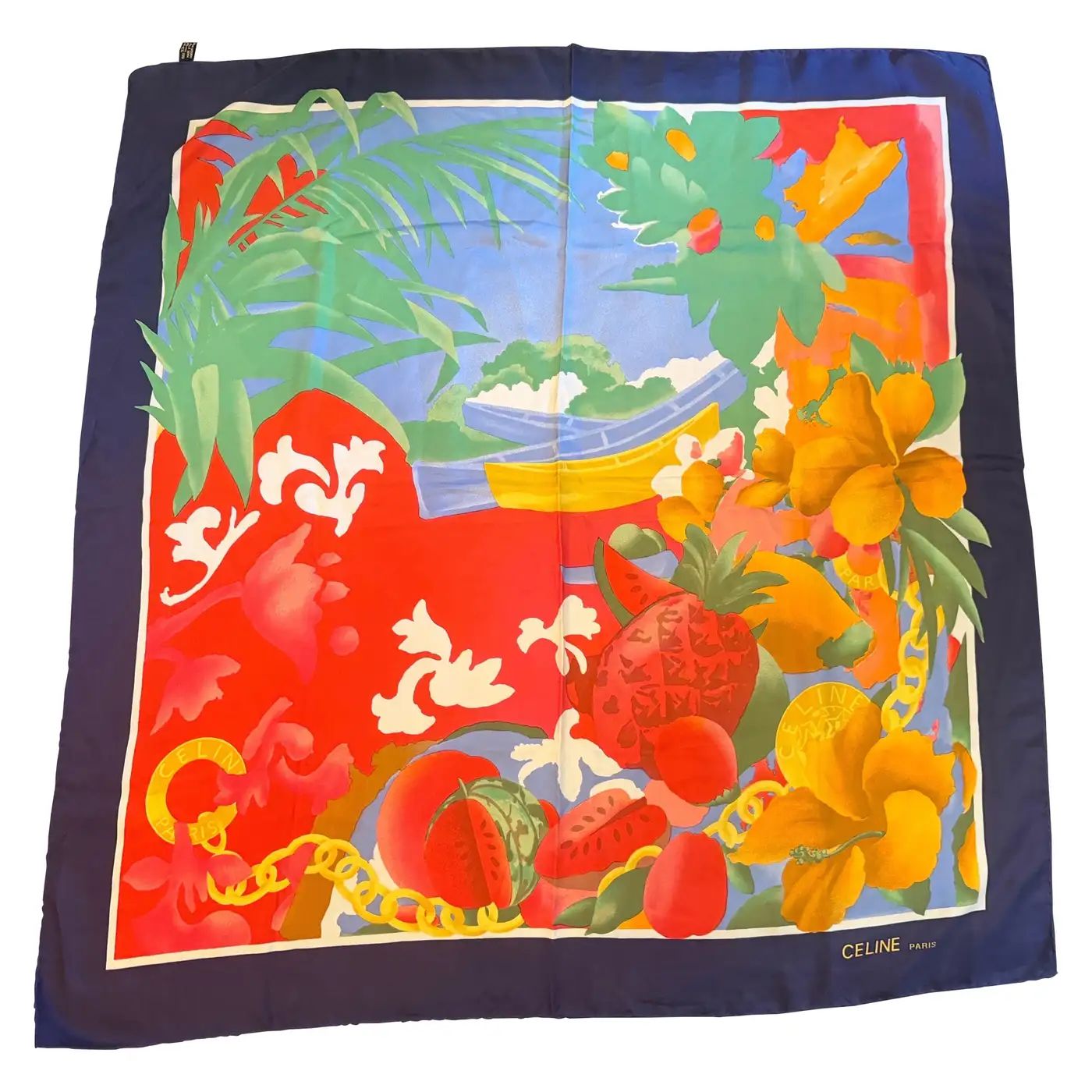 Celine 1990s Vintage Tropical Motif Silk Scarf for Women, Italy Made
