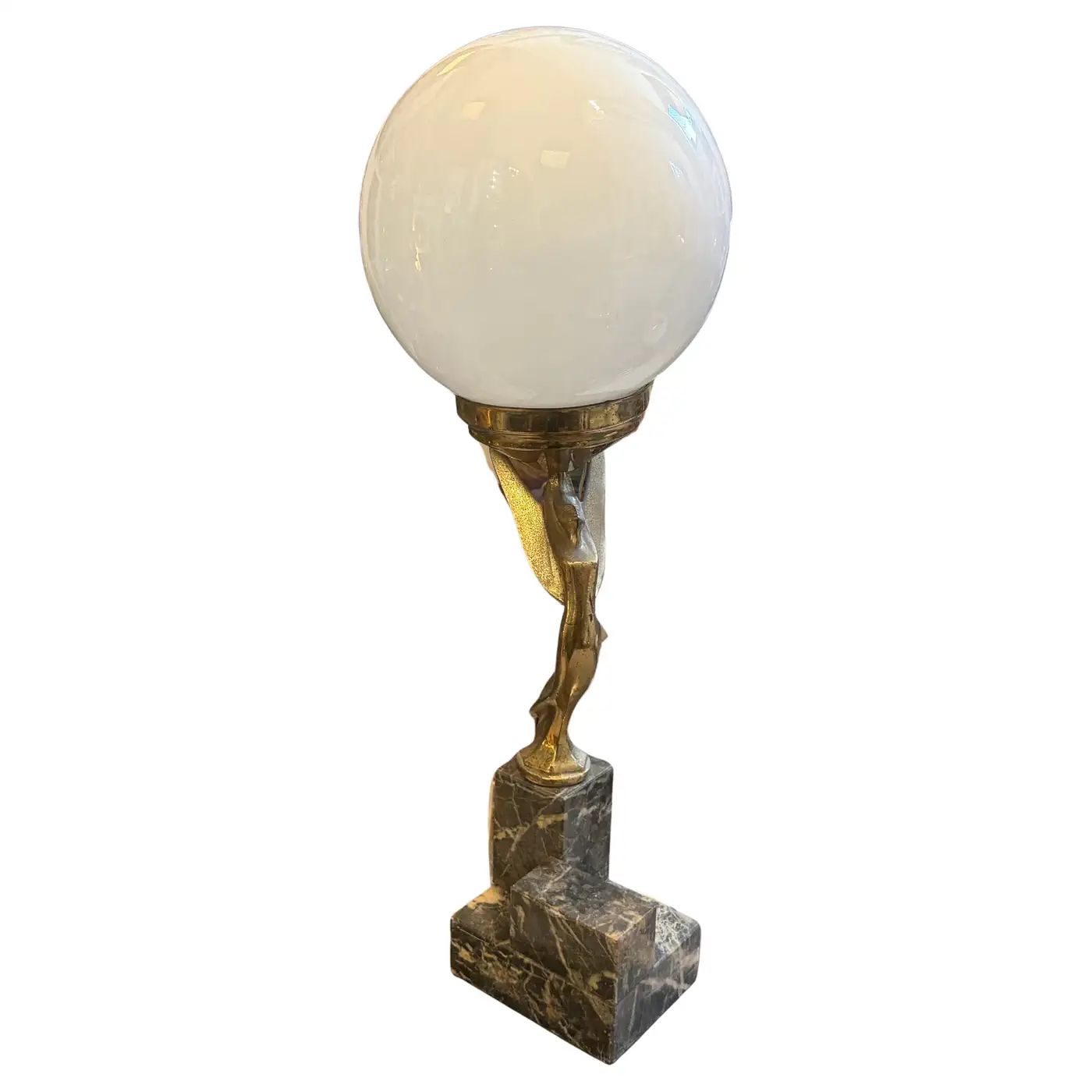 1930s Art Deco Black Marble, Gilded Metal and Milk Glass Italian Table Lamp